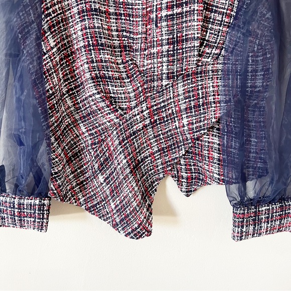 Zara Tweed Blue Red Organza Blouse Top - Picture 7 of 7